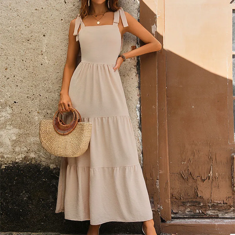 Summer New Cross-border Women's Solid Color Sling Maxi Dress