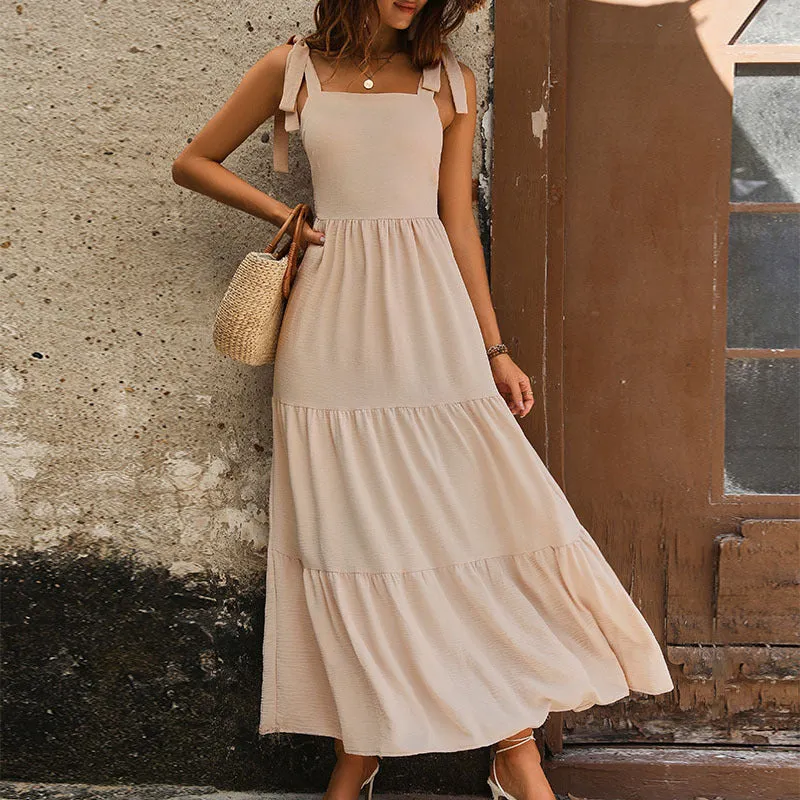 Summer New Cross-border Women's Solid Color Sling Maxi Dress