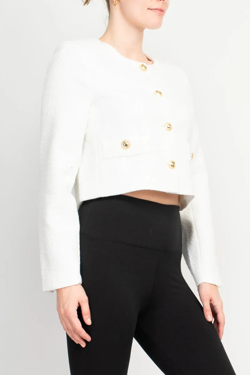 T Tahari Longsleeve collarless round neck button down cropped weed jacket with front faux pockets