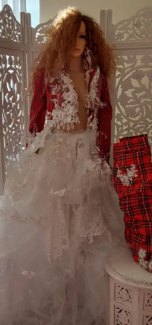 The "MARY STEWART" Scotland Inspired Red Plaid & Lace Wedding Ballgown Set