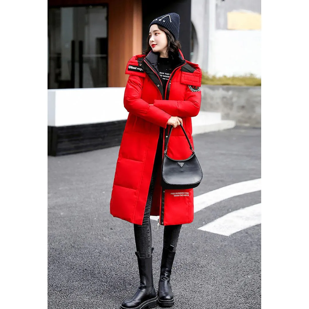 Thickened Knee-Length Hooded Puffer Coat