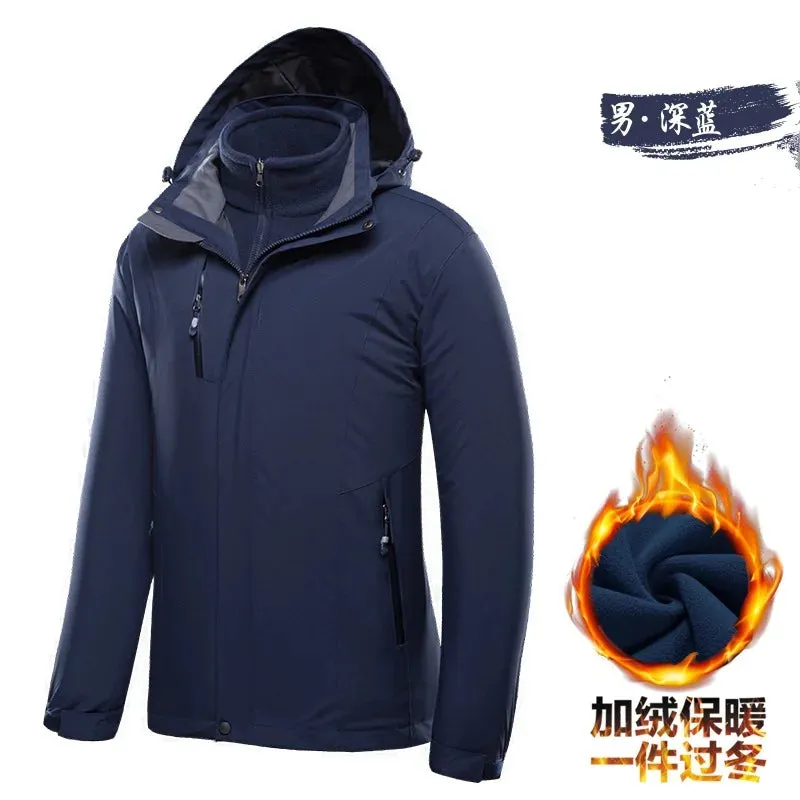 Three-in-one Two-piece Autumn Winter Warm Thickened Waterproof Jakcet Windproof Outdoor Hiking Clothes Men's Women's Coats