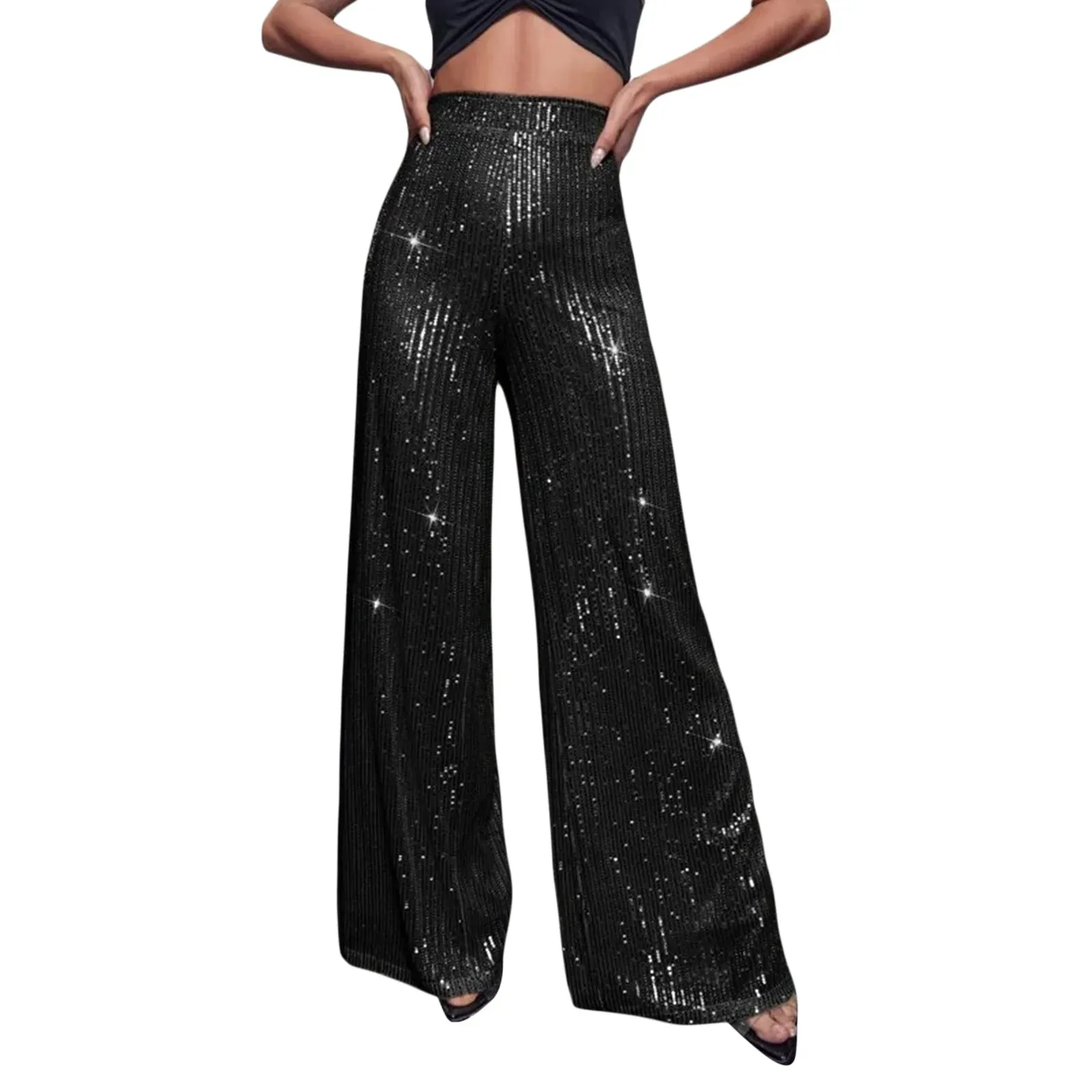 Trendy Sequin Flare Sparkly High Waist Pants