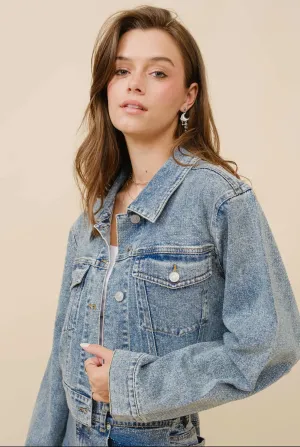 Trista Clear Crystal Crop Stretch Denim Jacket