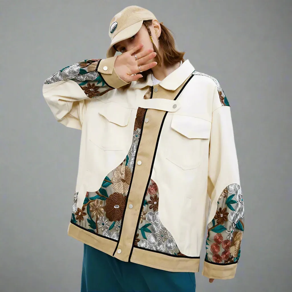 Unisex Loose Fit Shirt Style Jacket Whit Embroidered Flowers