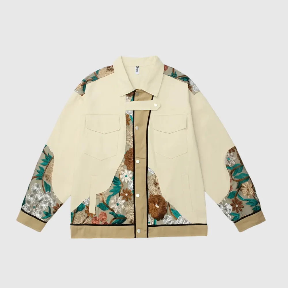 Unisex Loose Fit Shirt Style Jacket Whit Embroidered Flowers