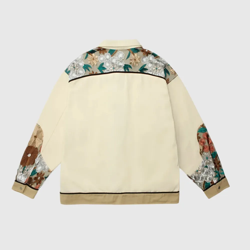 Unisex Loose Fit Shirt Style Jacket Whit Embroidered Flowers