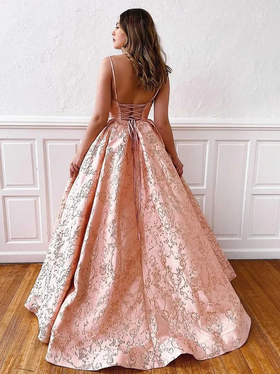 V Neck Backless Pink Lace Prom Dresses with Corset Back, Pink Lace Formal Dresses, Lace Evening Dresses, Pink Ball