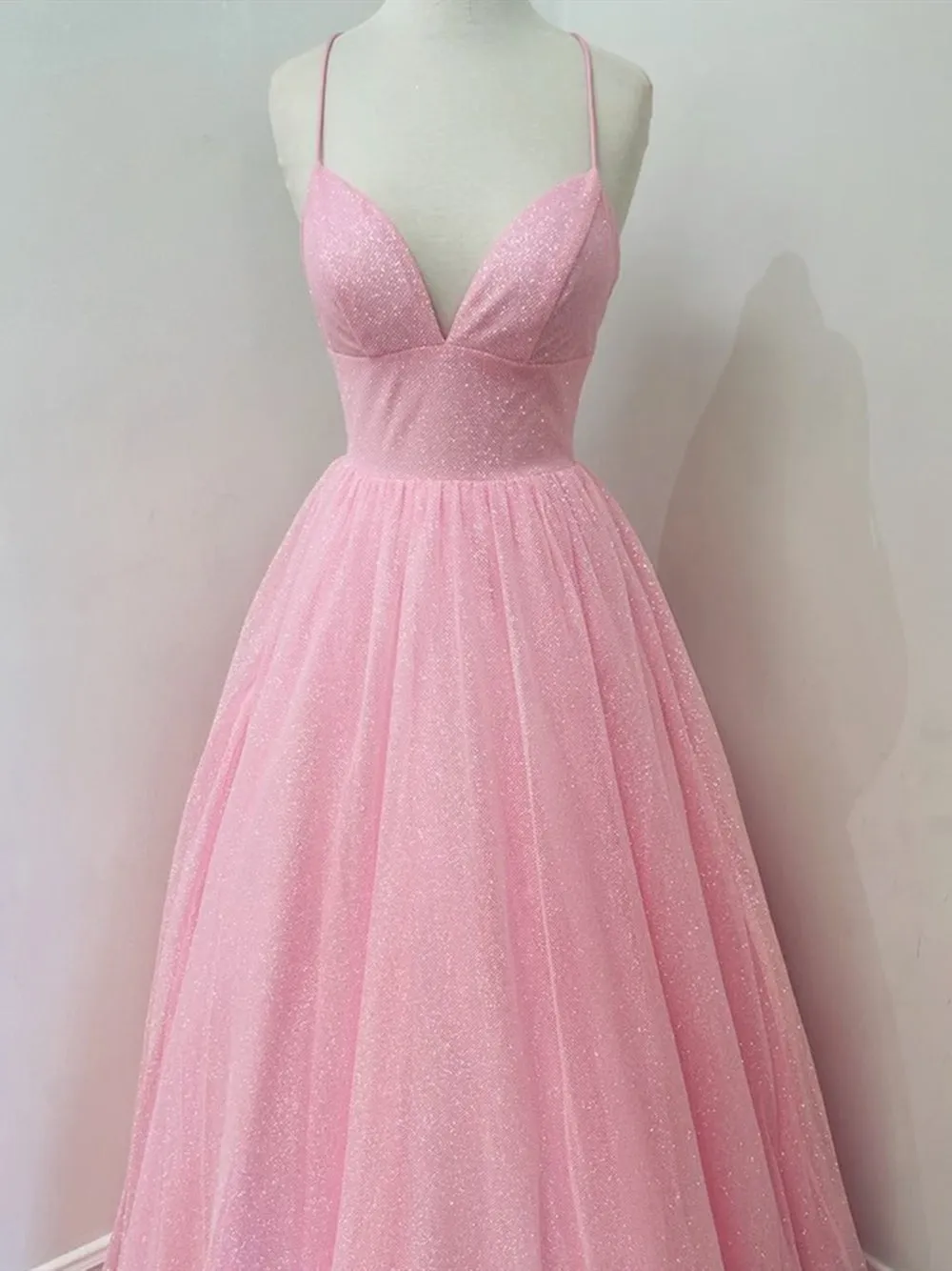 V Neck Backless Pink Sequins Long Prom, Backless Pink Formal, Sparkly Pink Evening