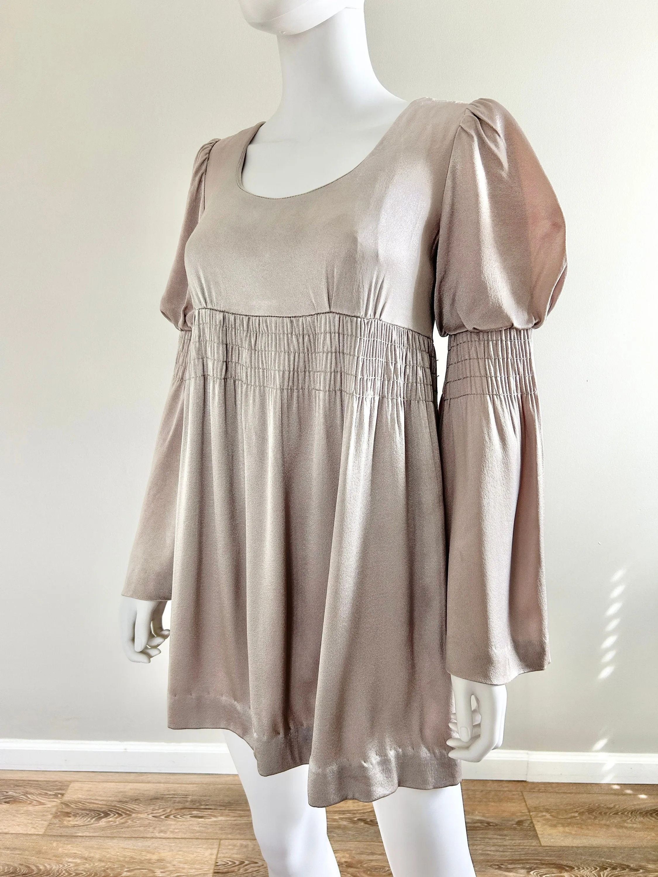 Vintage 1970s Young Edwardian Silver Mini Dress / 70s babydoll dress / Size XS S