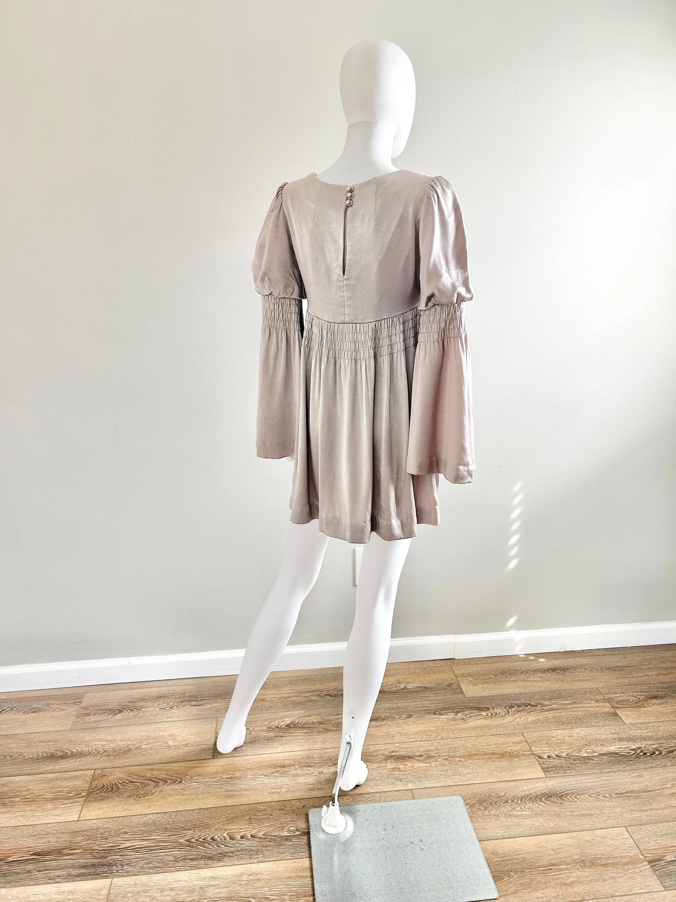 Vintage 1970s Young Edwardian Silver Mini Dress / 70s babydoll dress / Size XS S