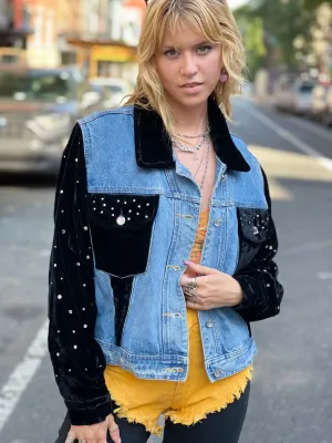 Vintage 80s Rhinestone and Velvet Patchwork Jean Jacket