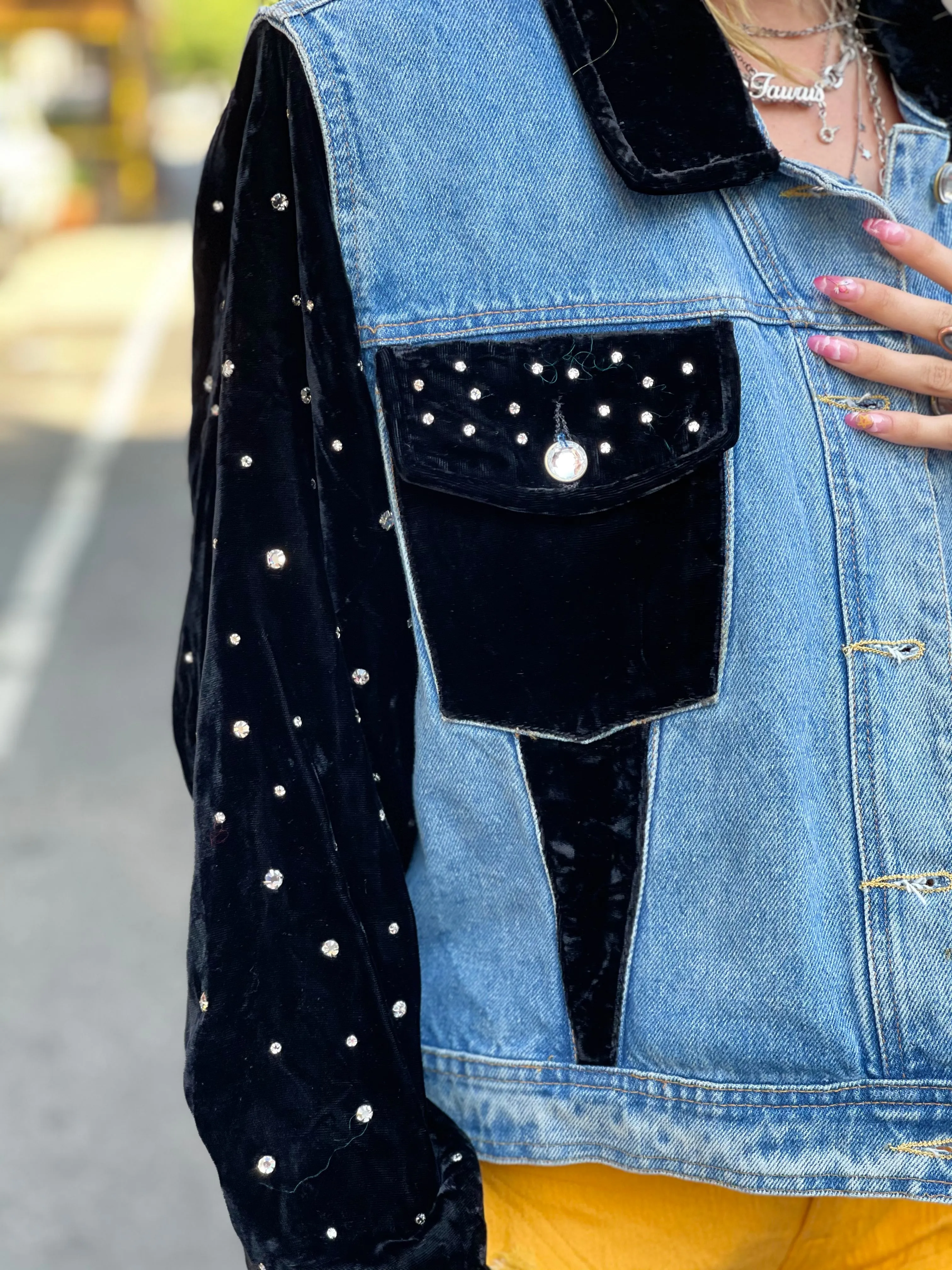 Vintage 80s Rhinestone and Velvet Patchwork Jean Jacket