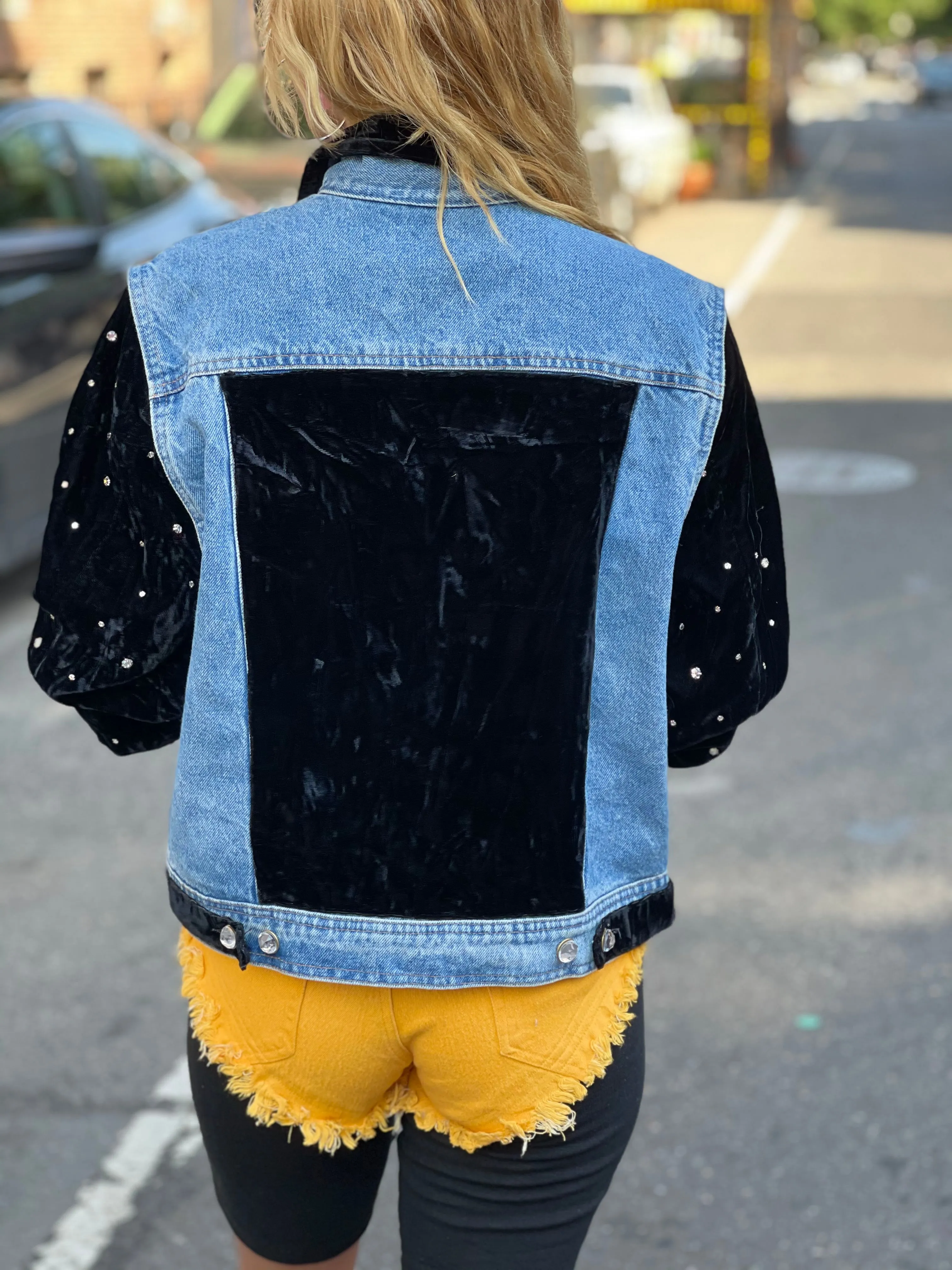 Vintage 80s Rhinestone and Velvet Patchwork Jean Jacket