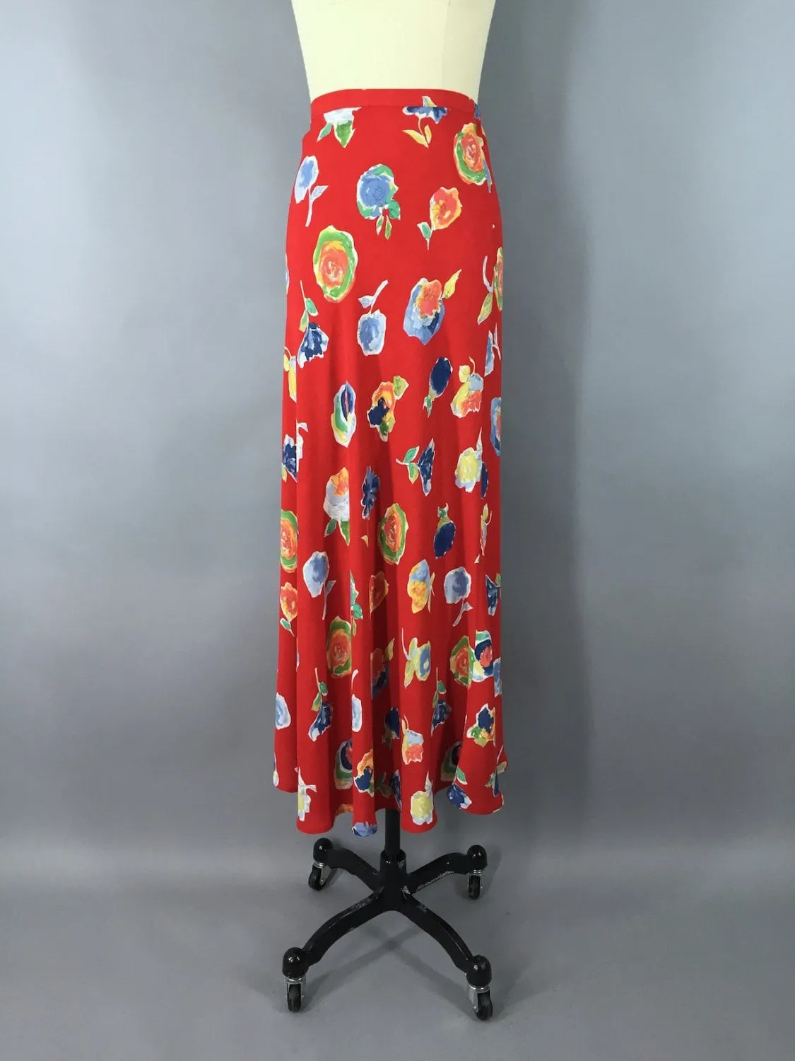 Vintage Bias Cut Maxi Skirt / Red Floral Print