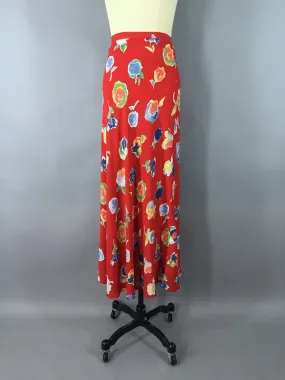 Vintage Bias Cut Maxi Skirt / Red Floral Print