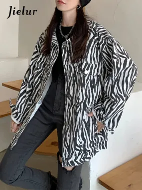 Vintage Zebra Stripe Print Denim Coat for Women New Korean Fashion Loose Chic Short Jacket Denim Coats Female S-XL