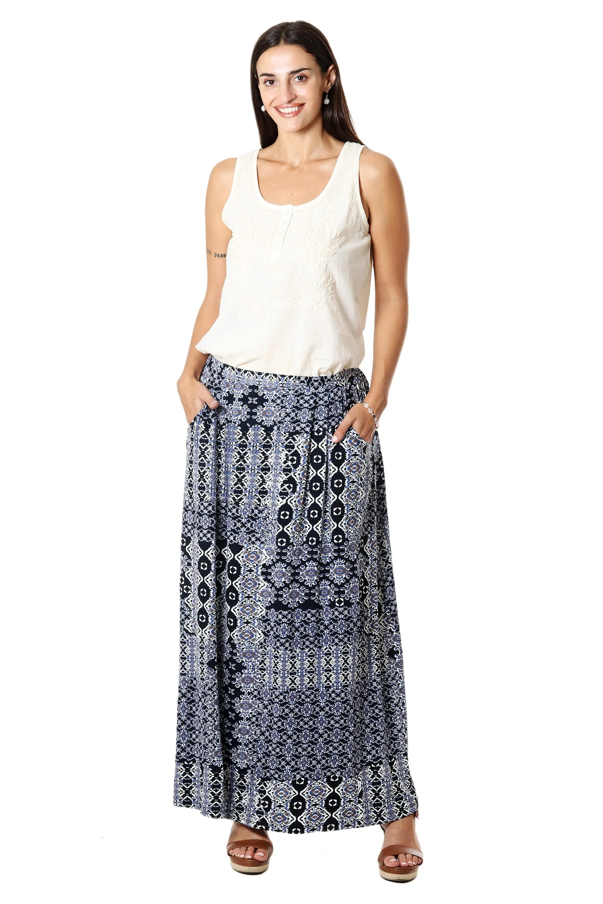 Viscose Print Maxi Skirt - Mughal Blue | NOVICA