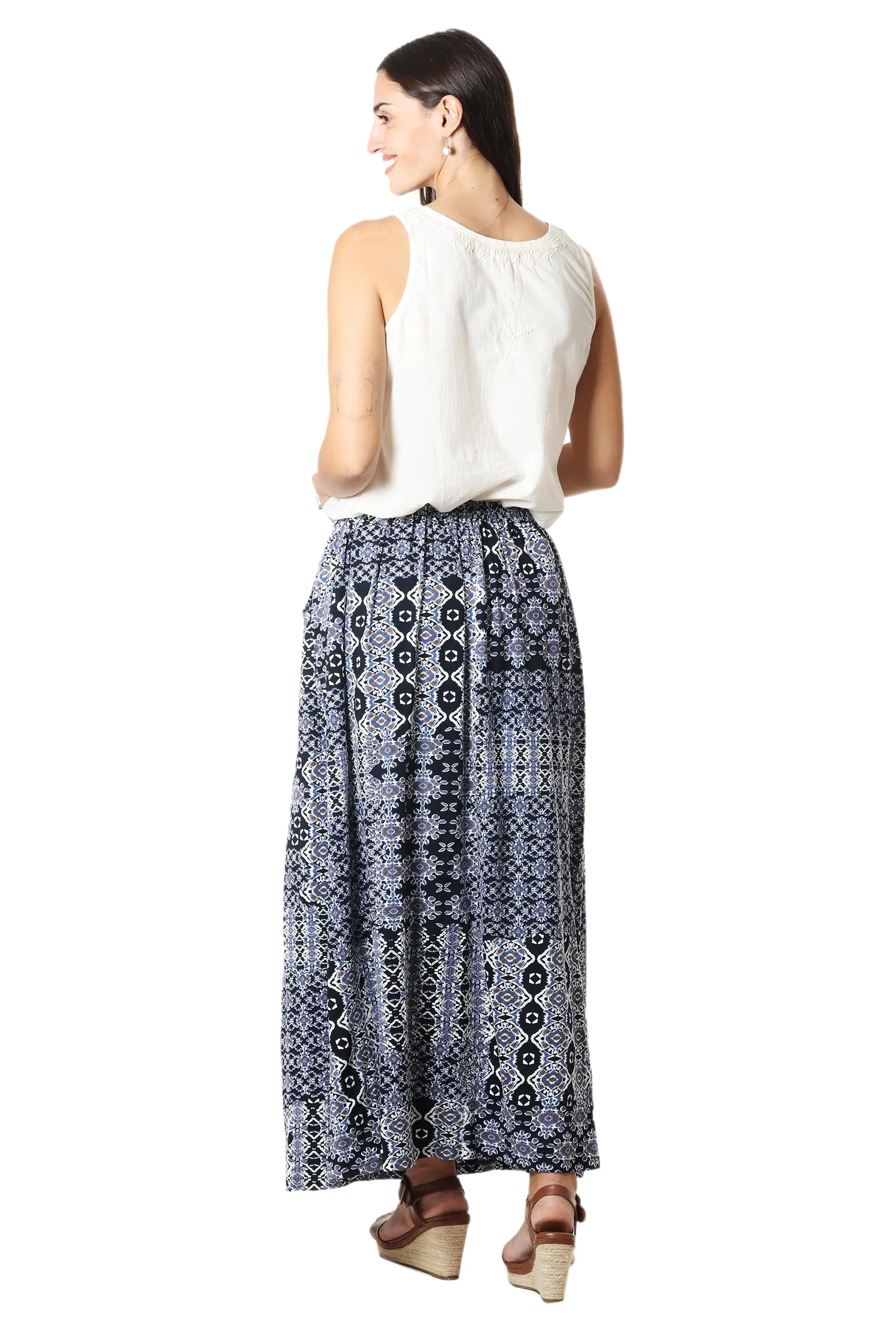 Viscose Print Maxi Skirt - Mughal Blue | NOVICA