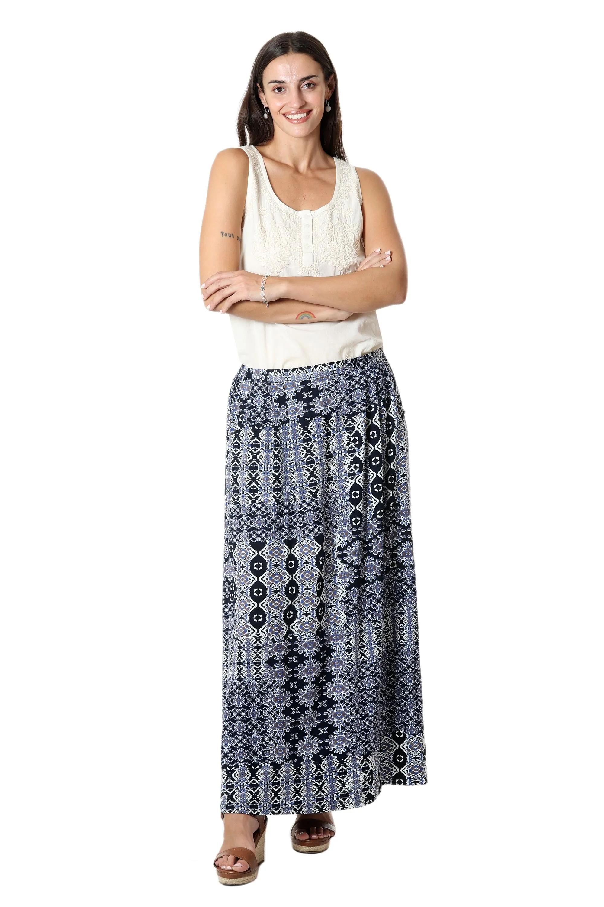 Viscose Print Maxi Skirt - Mughal Blue | NOVICA