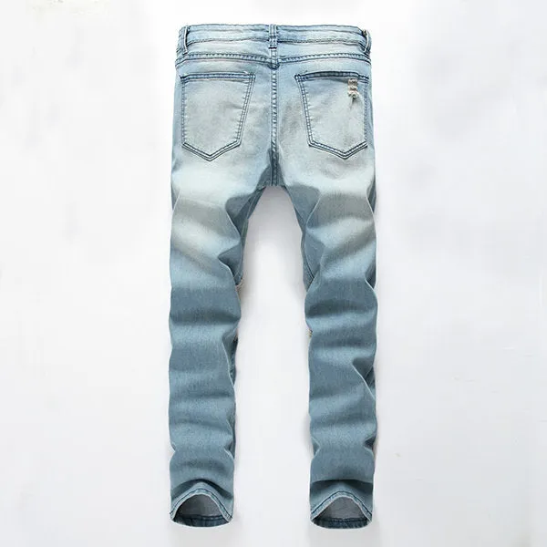 Washed Denim Ripped Jeans for Men Light Blue Worn Hole Printed Stone