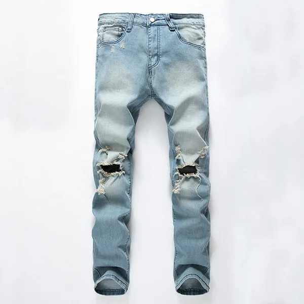 Washed Denim Ripped Jeans for Men Light Blue Worn Hole Printed Stone