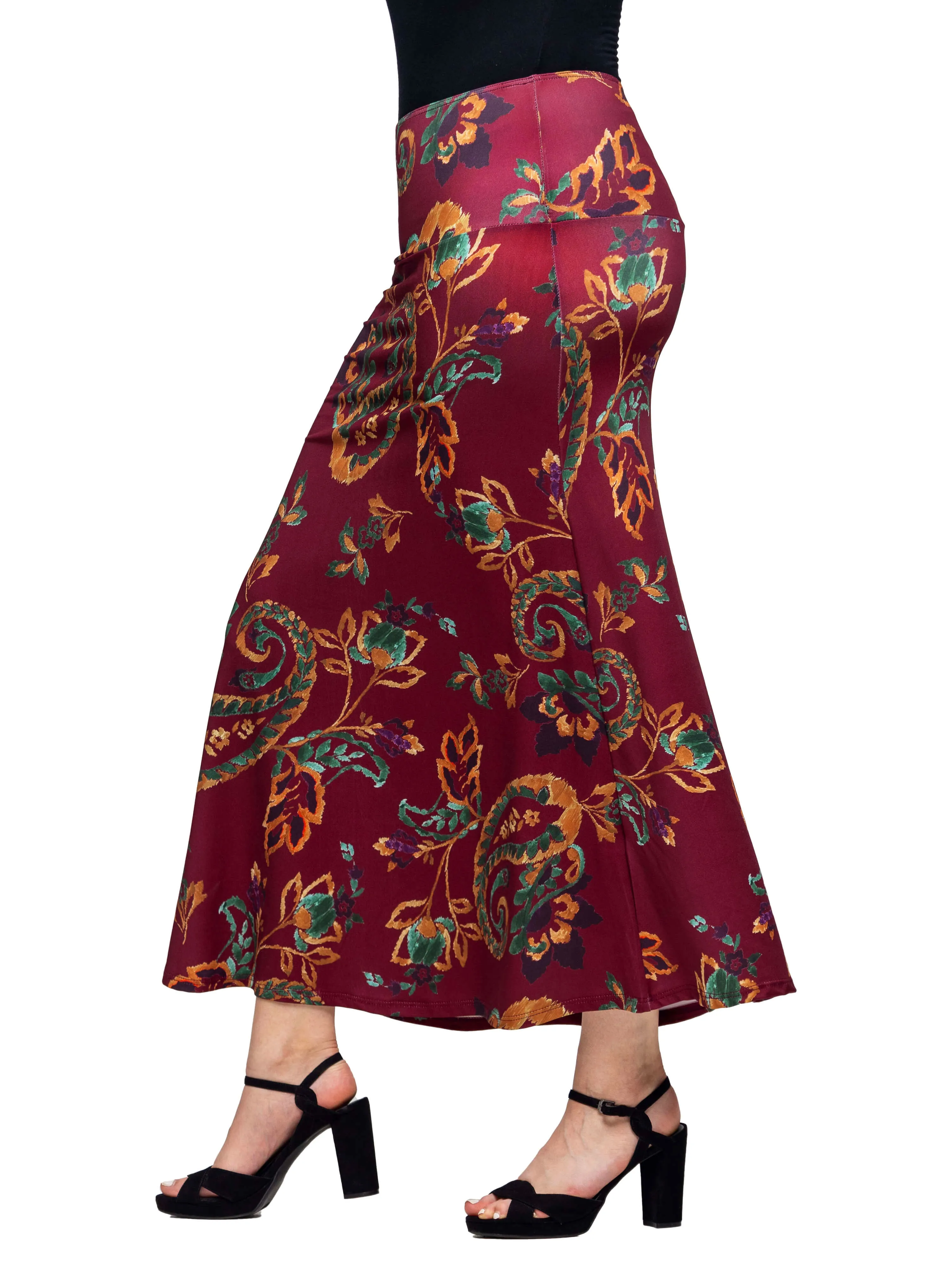 Wine Print Elastic Waist A Line Maxi Skirt