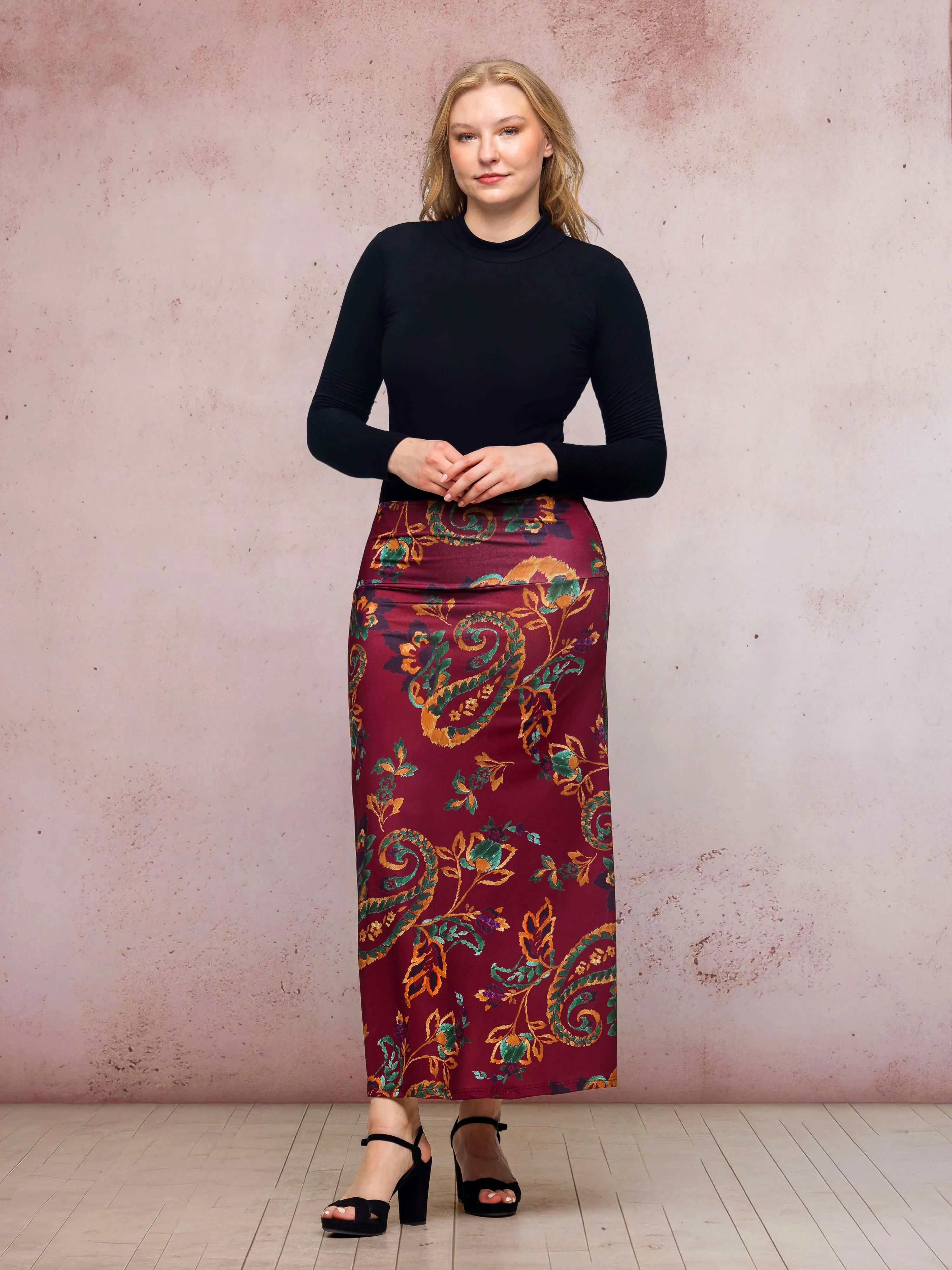 Wine Print Elastic Waist A Line Maxi Skirt