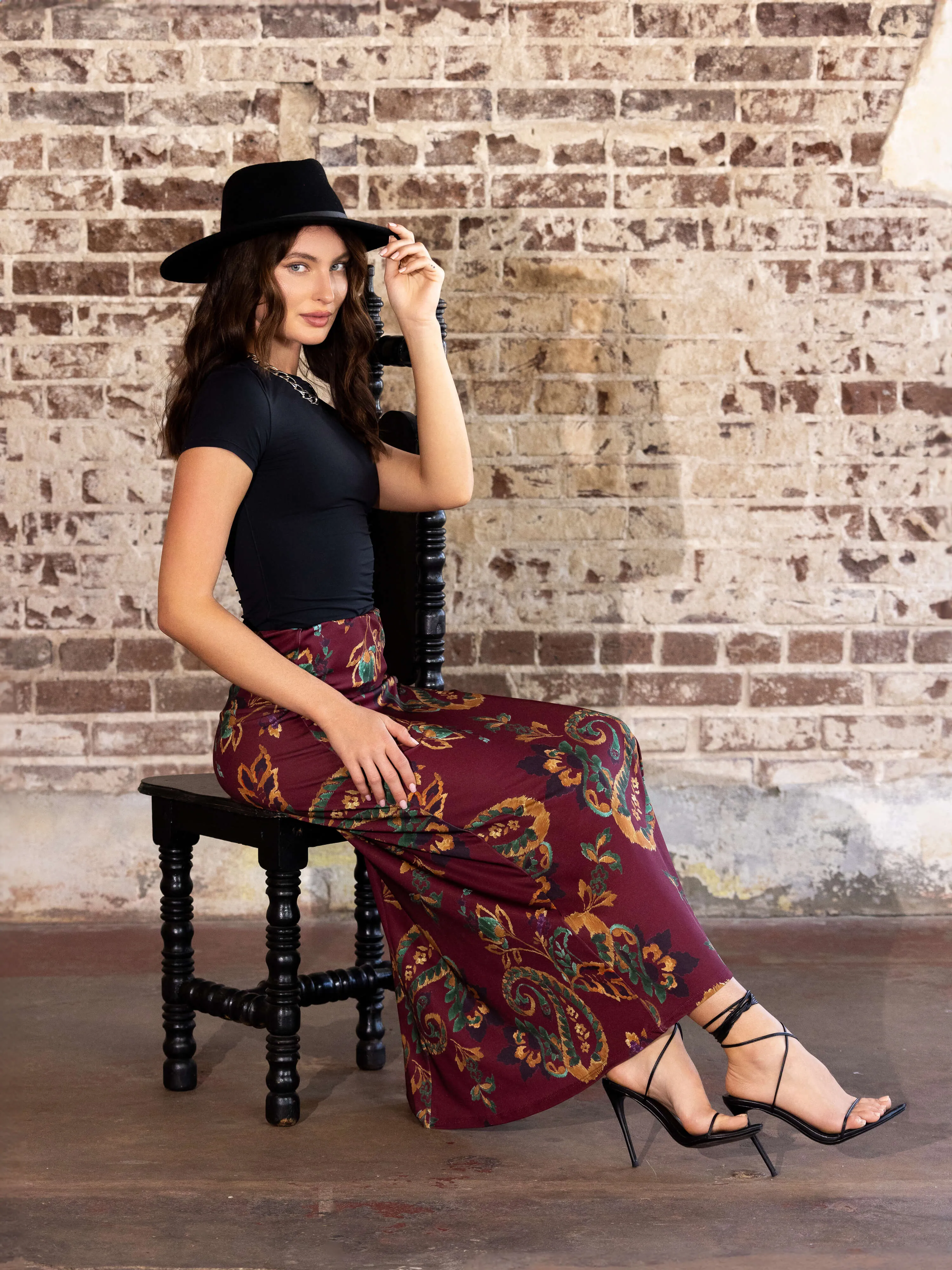 Wine Print Elastic Waist A Line Maxi Skirt