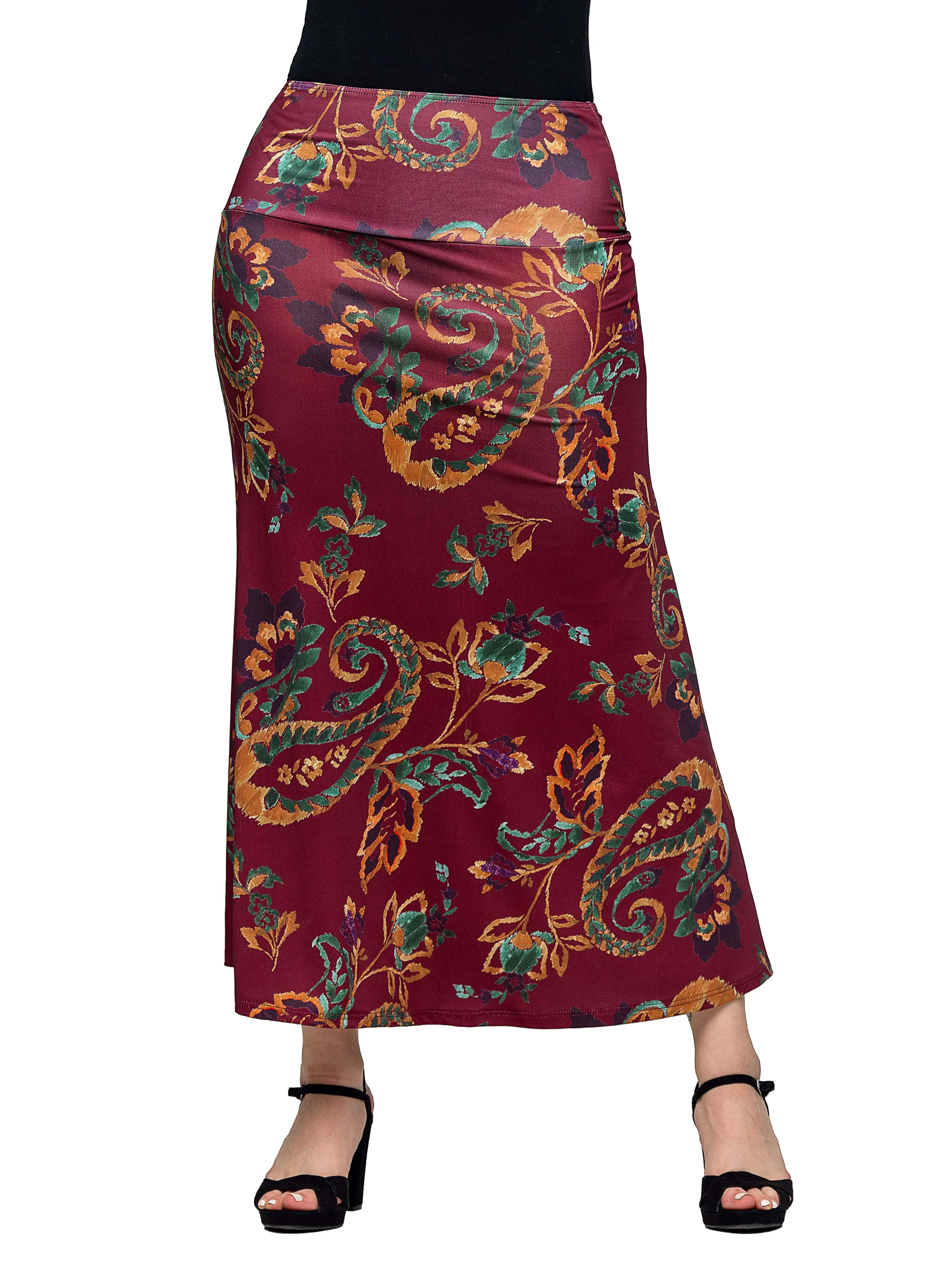 Wine Print Elastic Waist A Line Maxi Skirt