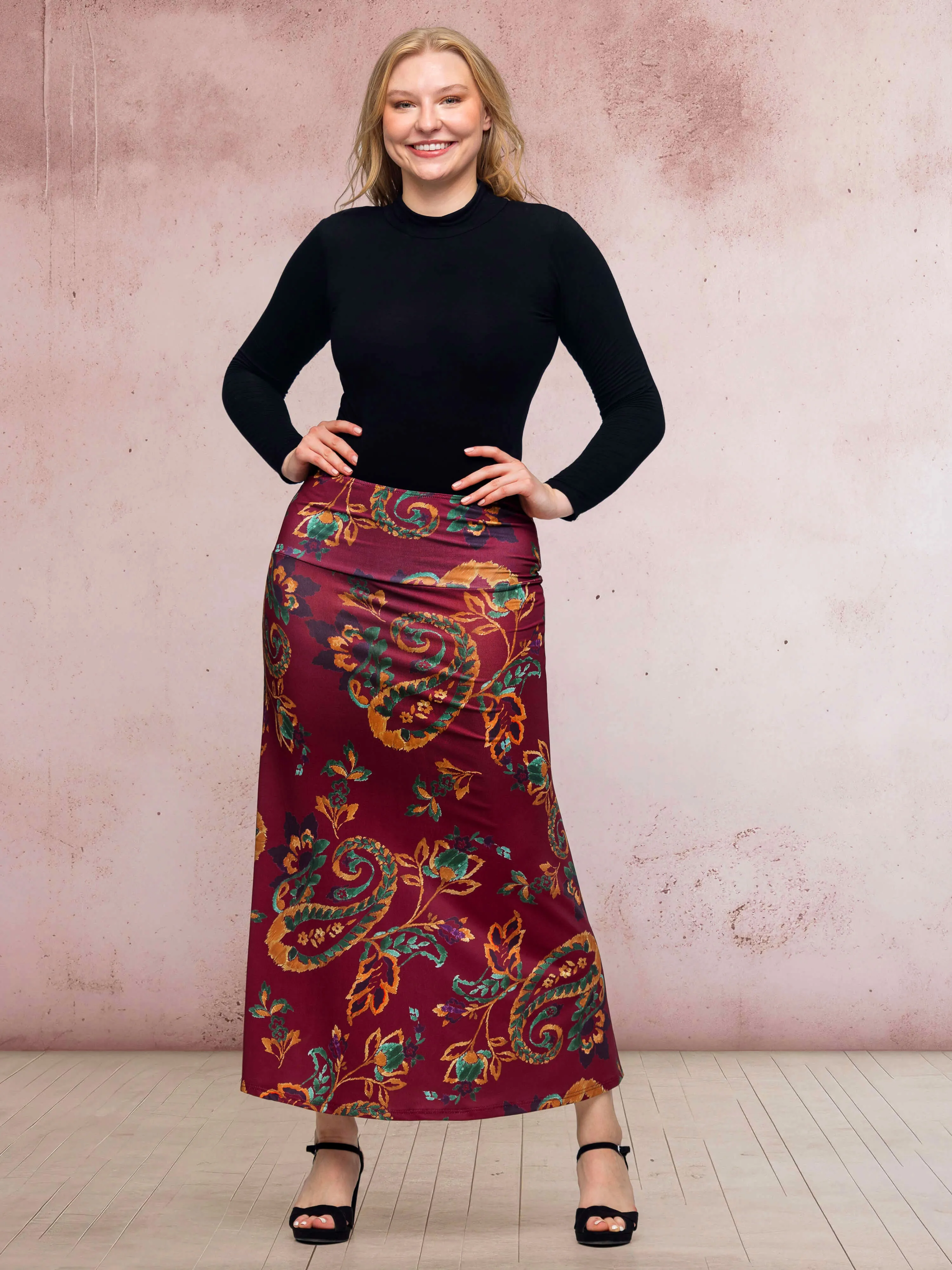 Wine Print Elastic Waist A Line Maxi Skirt