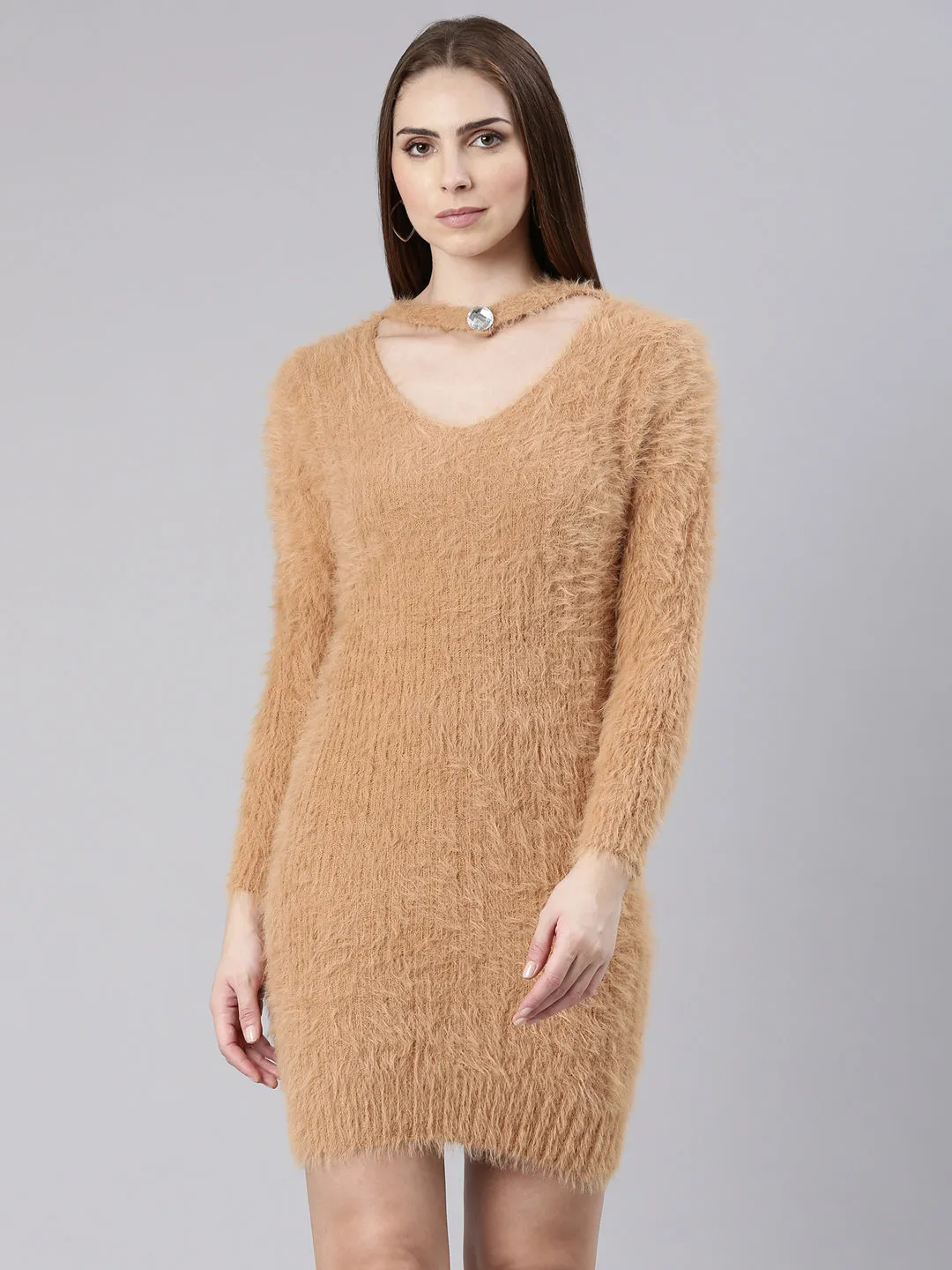 Women Beige Solid Bodycon Dress