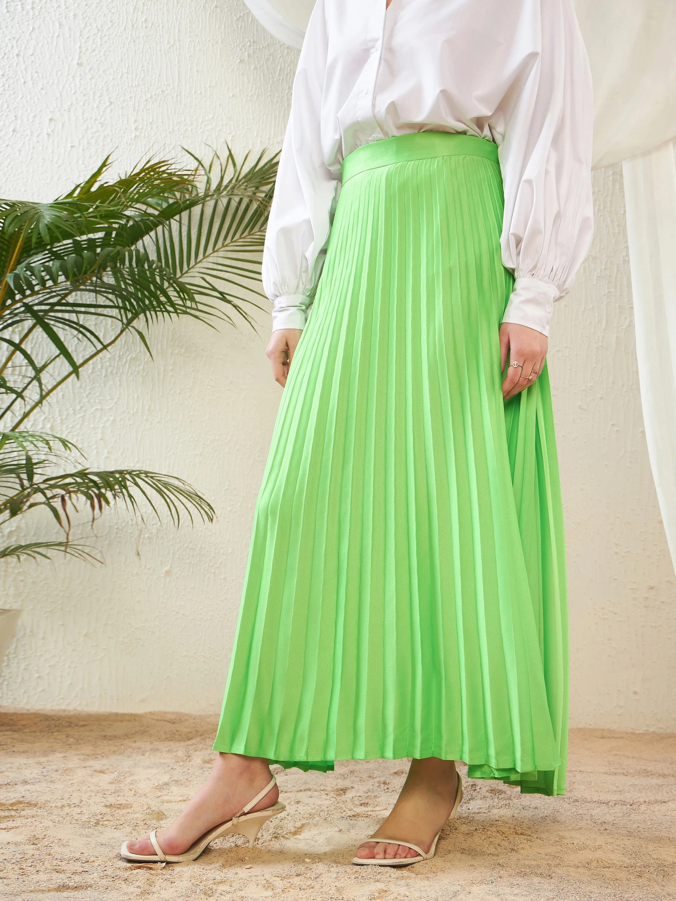 Women Green Satin Accordion Pleated Maxi Skirt