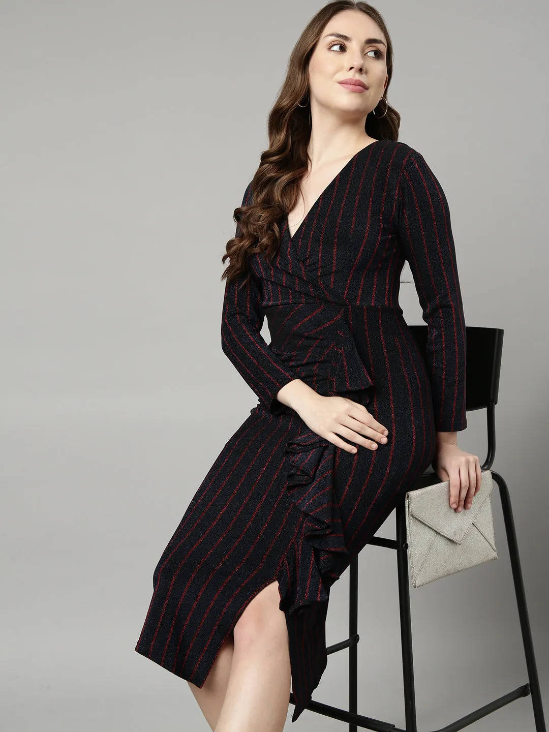 Women Navy Blue Striped Bodycon Dress