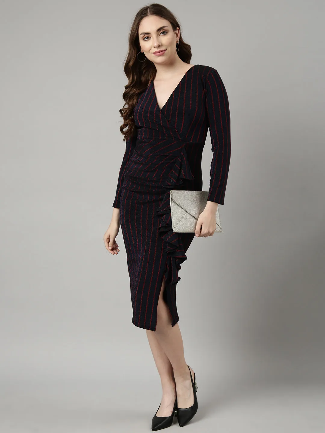 Women Navy Blue Striped Bodycon Dress