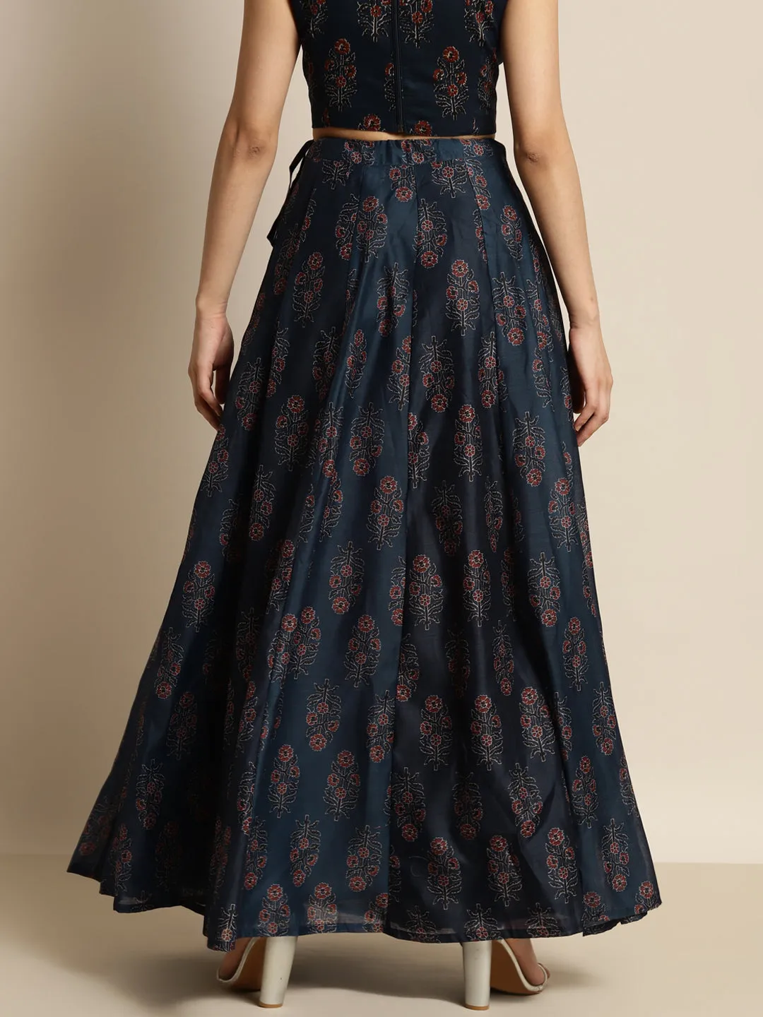 Women Navy Chanderi Floral Anarkali Skirt