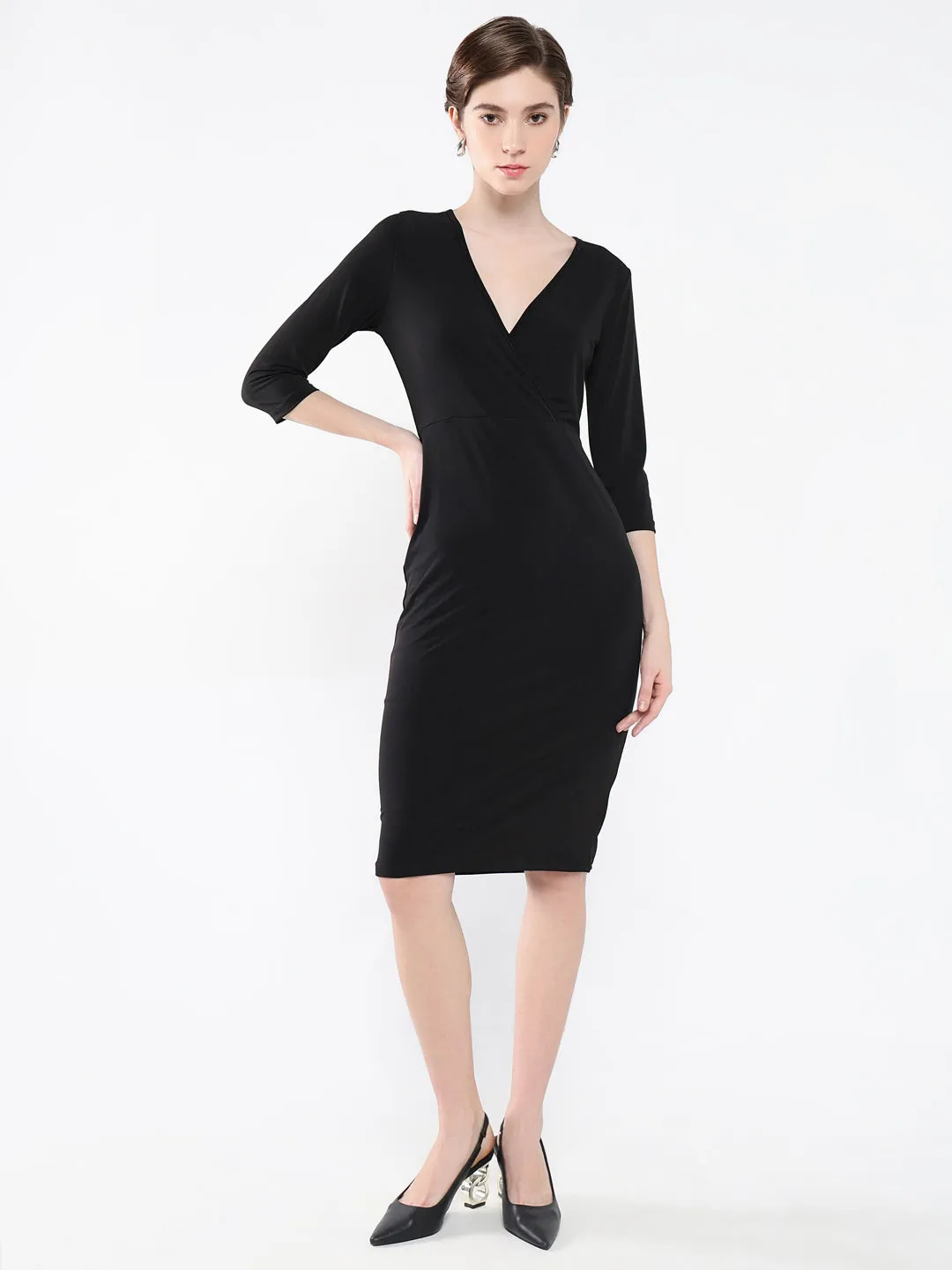 Women Solid Black Bodycon Dress