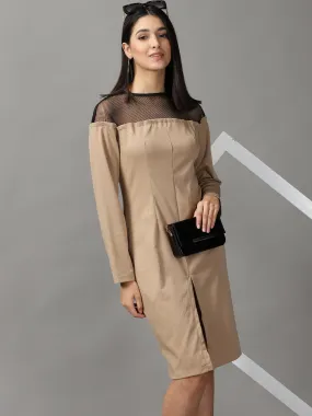 Women's Beige Solid Bodycon Dress