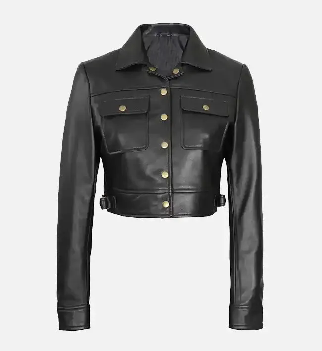 Women’s Black Cropped Leather Trucker Jacket