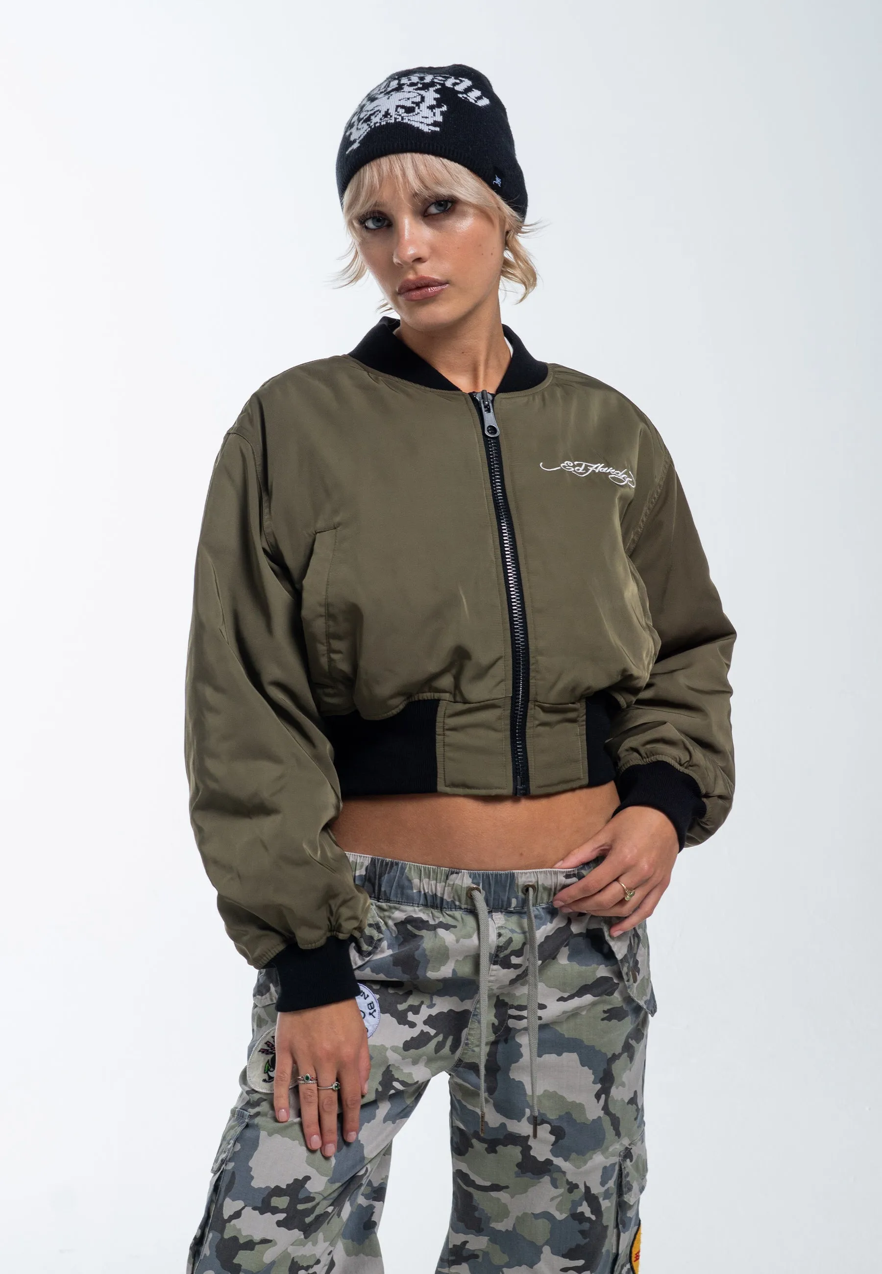 Womens City Night Cropped Bomber Jacket - Green