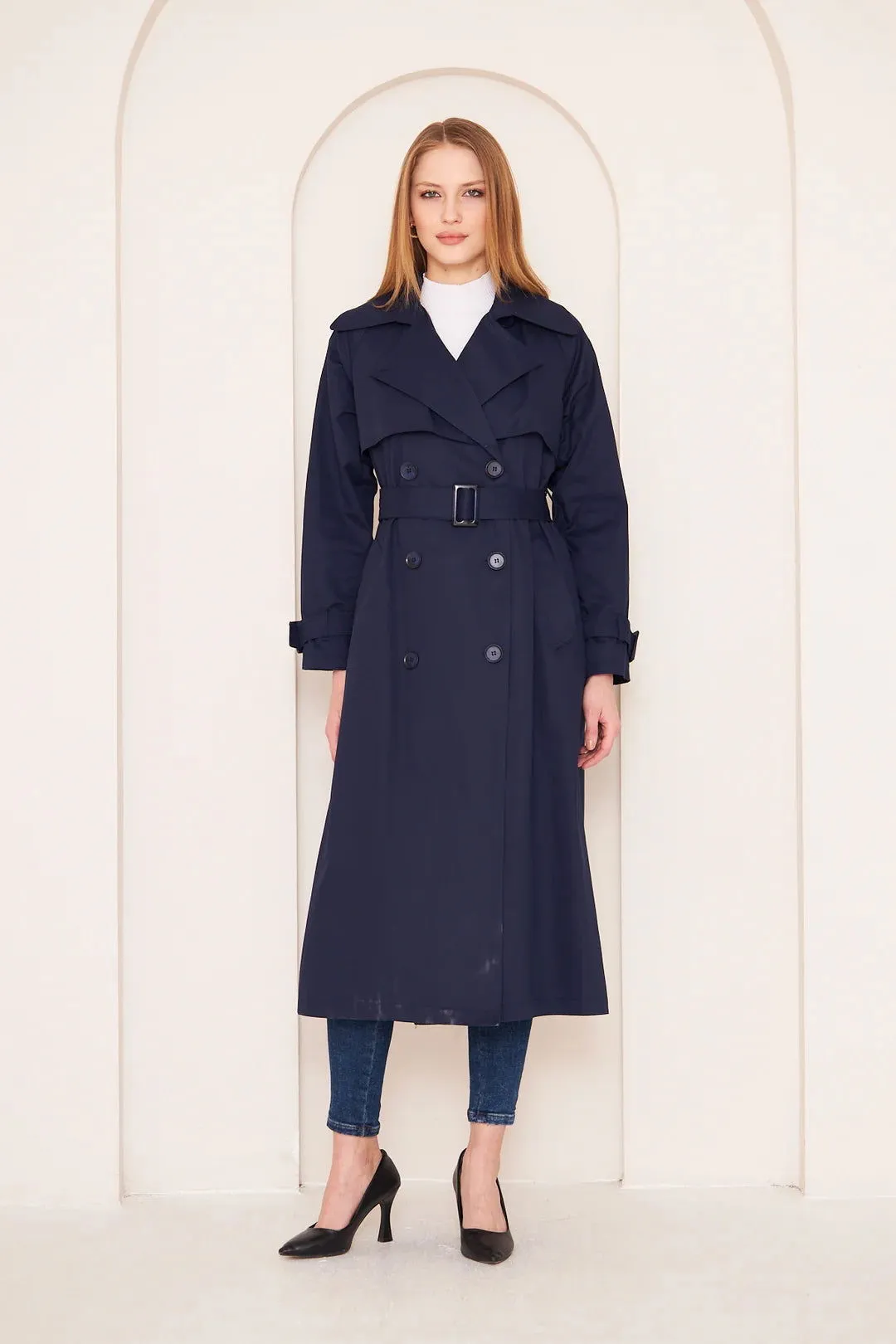 Women's Long Trench Coat with Double Collar Detail - Navy Blue - SCB-W12391