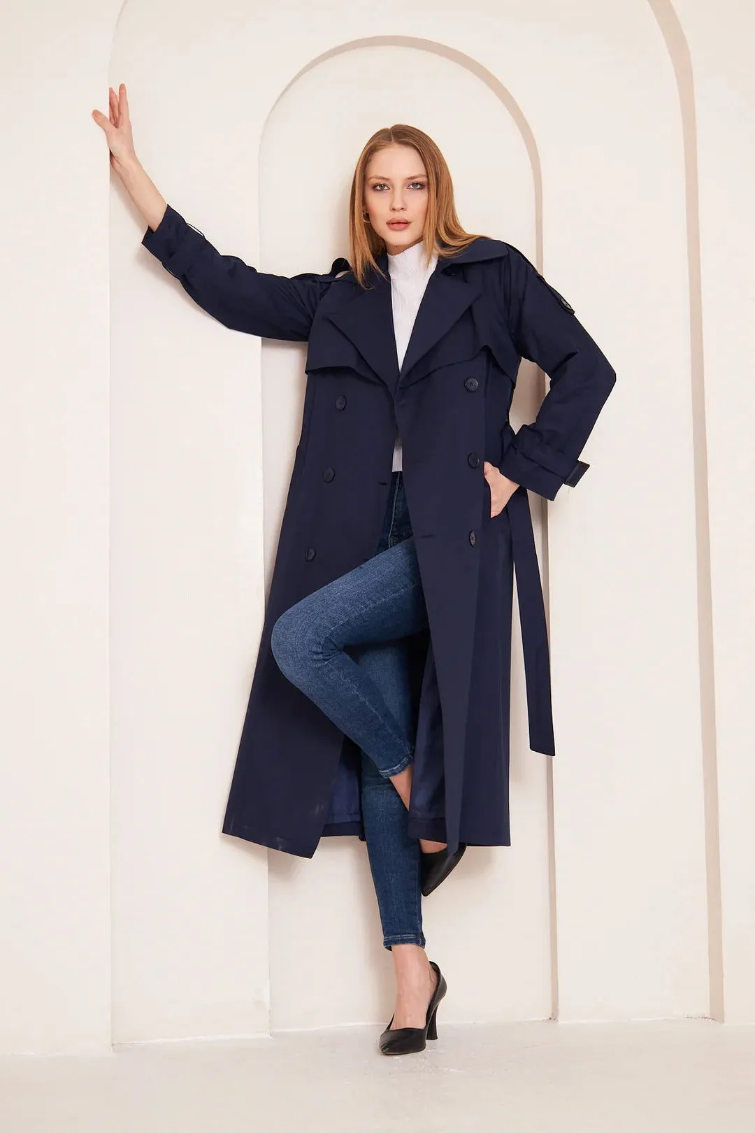 Women's Long Trench Coat with Double Collar Detail - Navy Blue - SCB-W12391