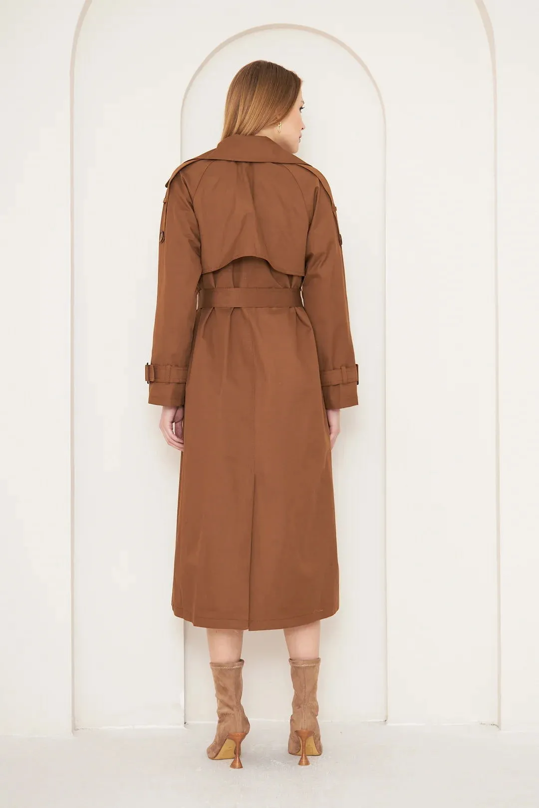 Women's Long Trench Coat with Double Collar Detail - Tan - SCB-W12393