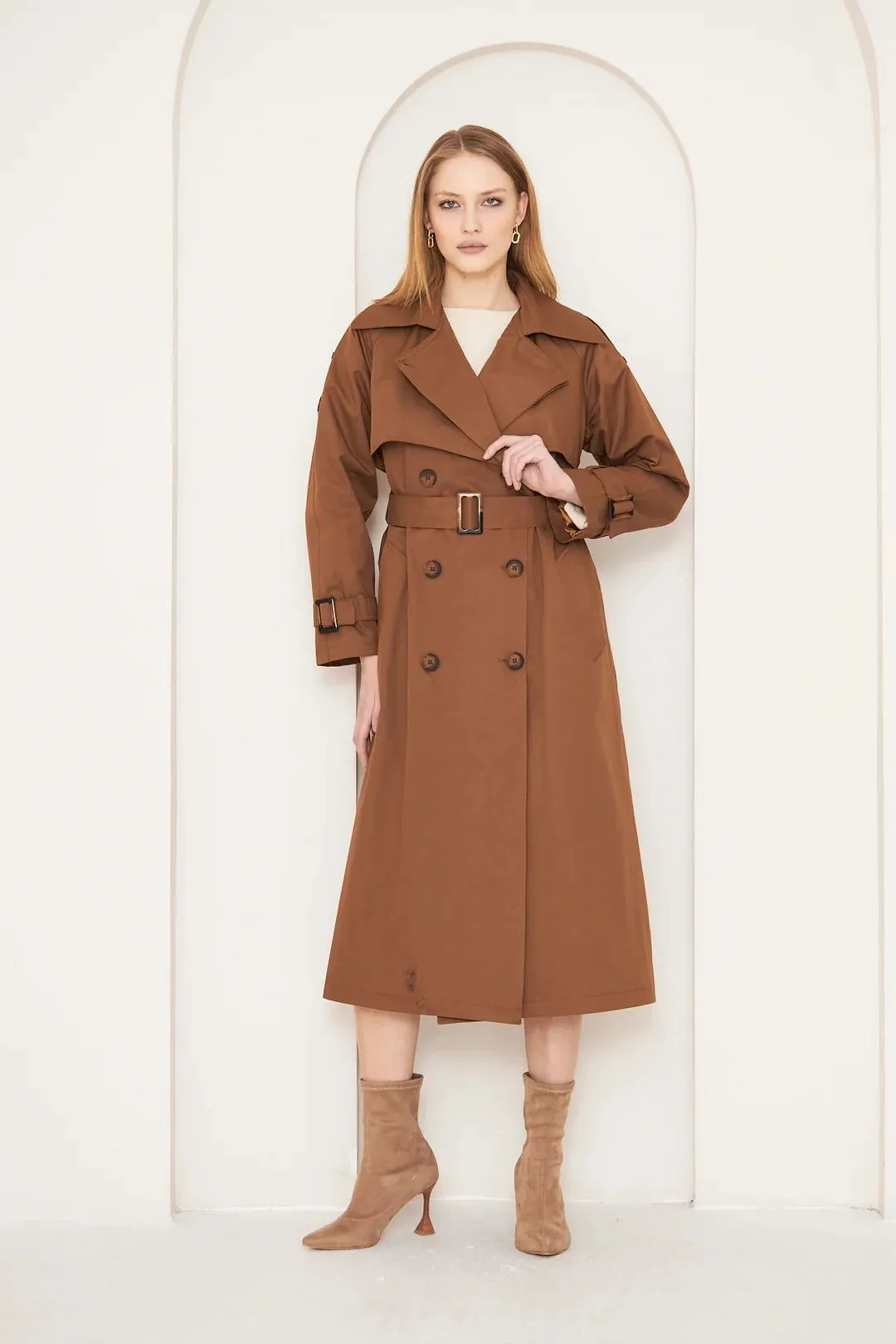 Women's Long Trench Coat with Double Collar Detail - Tan - SCB-W12393