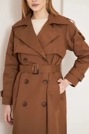 Women's Long Trench Coat with Double Collar Detail - Tan - SCB-W12393