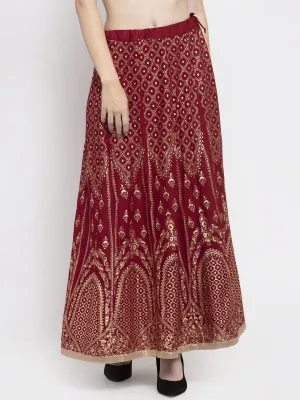 Women'S Maroon Printed Flared Rayon Skirt