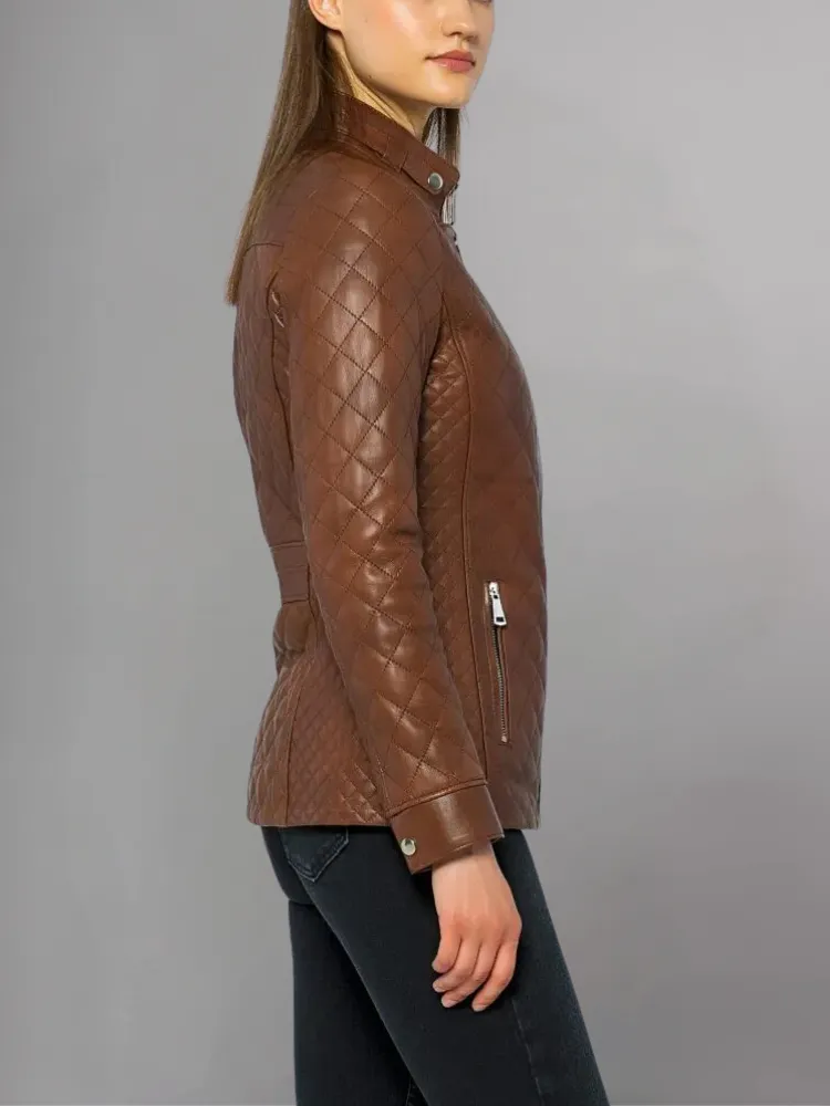 Womens Quilted Brown Leather Jacket