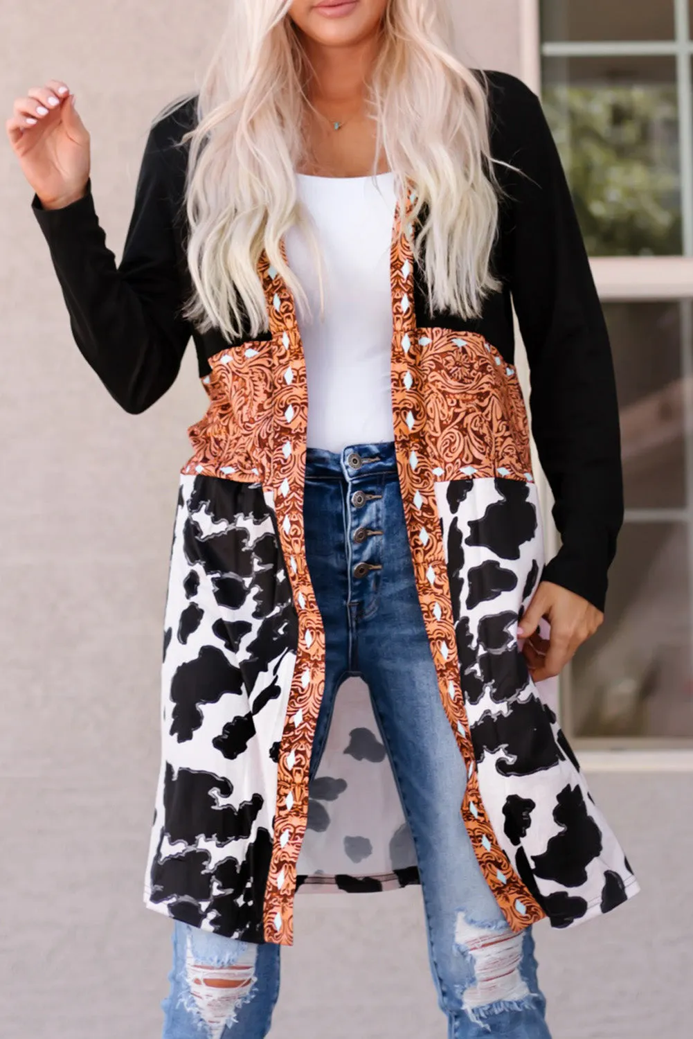 Women's Western Pattern Cow Patchwork Open Front Cardigan