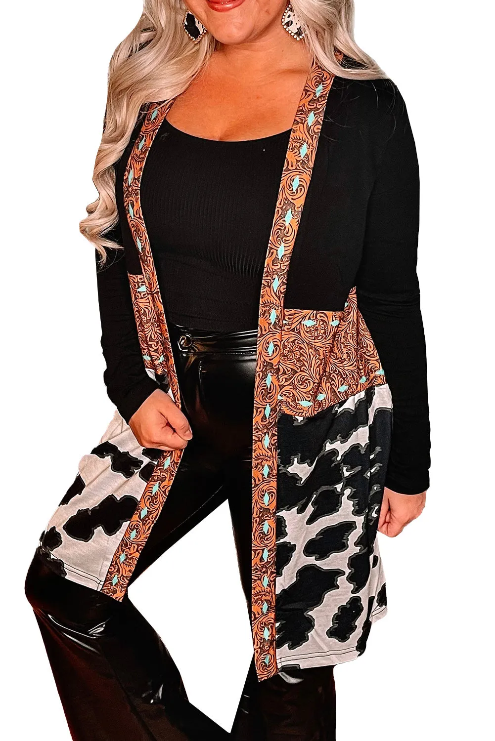 Women's Western Pattern Cow Patchwork Open Front Cardigan