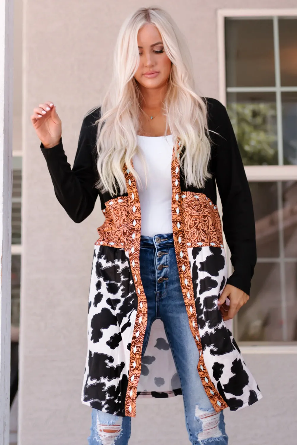 Women's Western Pattern Cow Patchwork Open Front Cardigan